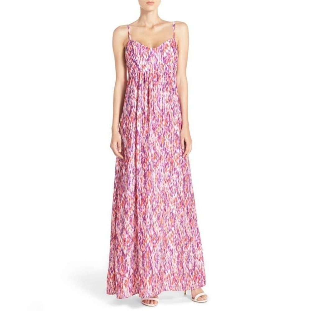 Felicity & Coco Maxi Dress Sz X Small Multicolor Coral & Purple Empire Waist EUC